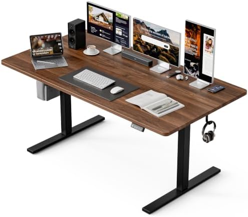 Grandder 63x32 Large Electric Standing Desk, Height Adjustable Computer Desk with 2 Memory Presets, 31.5" Deep Desktop Sit Stand Desk Home Office Desk Workstation Table with Hooks, Walnut by Grandder