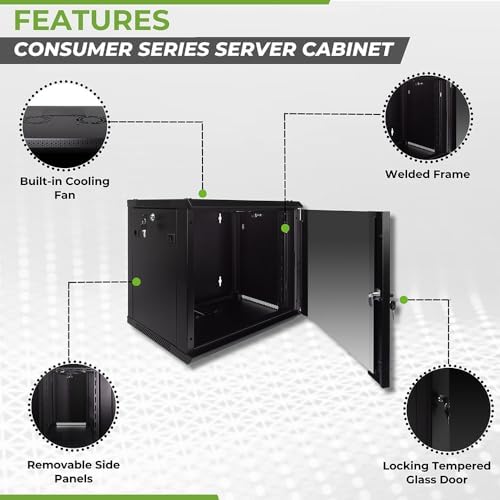 NavePoint 9U Server Rack Enclosure with Glass Door, Cooling Fan, Locks, & Removable Side Panels - 9U Wall Mount Network Cabinet 19 Inch Rack 17.7 Inches Deep - Image 2