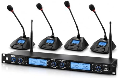 Pyle 4 Channel UHF Wireless Conference Microphone System with 4 Gooseneck Mics, 300 Ft Range, Selectable Frequencies & Rack Mount Receiver for Meetings, Presentations & Events by PyleUSA