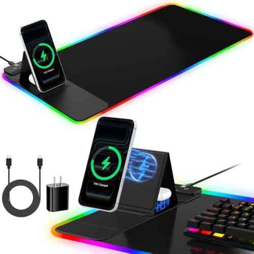RGB Mouse Pad with Foldable Phone Stand Wireless Charger, 31.5"x11.8" XL Gaming Mousepad Large Desk Mat, Desk Pad with 11 Colors 5 Modes, Waterproof by miroddi