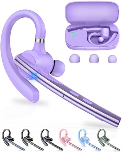New Bee Bluetooth Headset V5.1 72H Talk Dual Mic with Mute Button for Work, Wireless Hand-Free Bluetooth Earpiece with 500mAh Charging Case for Cell Phone Calls Driver (M54, Purple) by NewBee