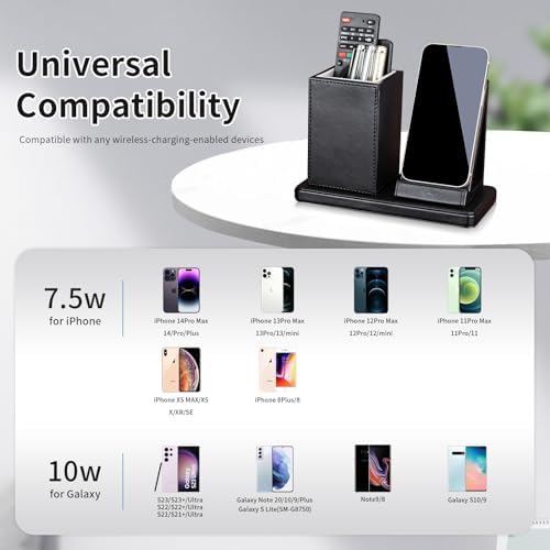 Wireless Charger with Desk Organizer, Wireless Charging Station for iPhone 13/13 Pro Max/13 Pro/12 Series/11/XS Max/XR/X/8Plus/SE 2, Wireless Charging Stand with Leather… (Black) - Image 3