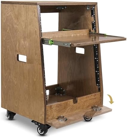 Sound Town DIY Slanted 12U Studio Rack (4U Top + 8U Lower), with 2U Bottom Storage, Slide-Out Tray, Caster, Plywood, Weathered Brown for Recording Room, Home Studio (SDRK-ST12TB) - Image 4