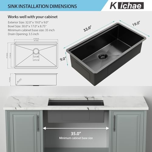 Kichae 32 Black Undermount Kitchen Sink Stainless 16 Gauge Workstation - Image 2