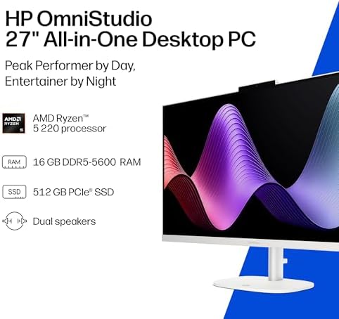HP OmniStudio 27 inch All-in-One Desktop PC, FHD Display, AMD Ryzen 5 220, 16 GB RAM, 512 GB SSD, AMD Radeon 740M Graphics, Windows 11 Home, Cotton White, 27-cv0002 (2026) - Image 2