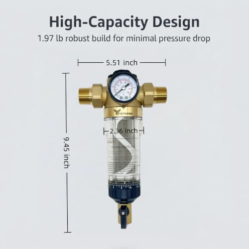 Upgraded Brass Spin Down Sediment Water Filter with Pressure Gauge, NPT3/4,50/100/200 Micron SS Mesh, pre Filter for City Water & Well Water, Low Pressure Drop, Self-Cleaning Scraper Ring - Image 5