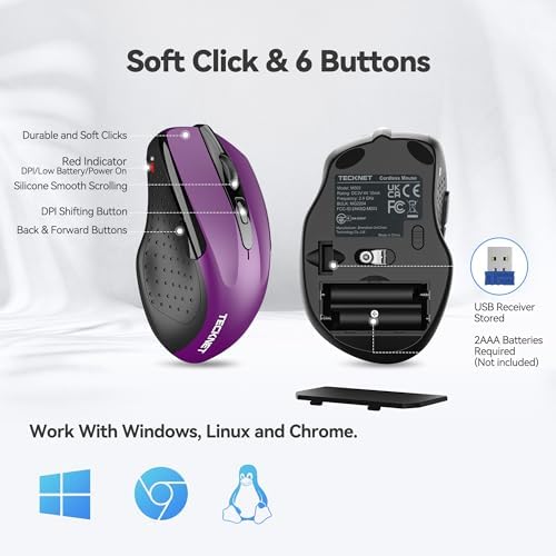 TECKNET Wireless Mouse, 2.4G Ergonomic Computer Mouse, 2600 DPI, Purple - Image 5
