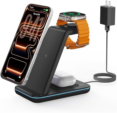 Wireless Charger for iPhone Charging Station: 3 in 1 Phone Charger Stand for iPhone 17/16/15/14/13/12/11/SE/X Pro Max Plus - Apple Watch 11/10/9/Ultra 2/8/SE/7/6/5 - AirPods 4/Pro 2/3 by JoyGeek