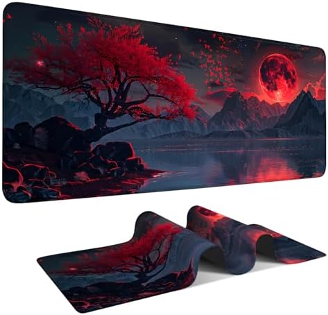 Large Mouse Pad, Red Moon Landscape Desk Mat, Extended Gaming Mouse Pad with Non-Slip Rubber Base, Thick 3mm Smooth Surface Keyboard Mat for Office & Home,35.5 x 15.8 in by THISFIND
