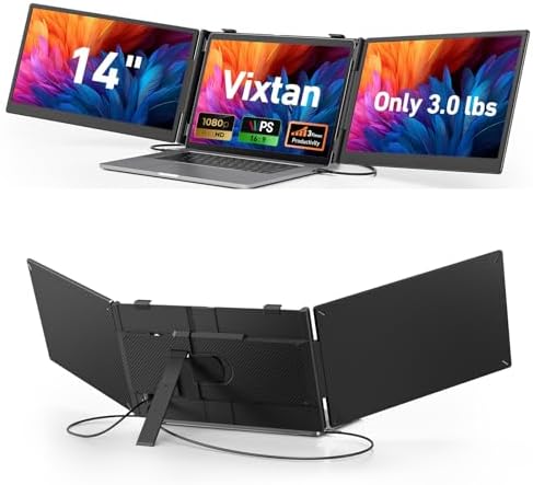 Vixtan 14" Triple Laptop Screen Extender, 3.0 lbs Lightweight FHD IPS Portable Monitor for Laptop, USB-C Plug & Play Multi Screen Attachment for 13-17.3" laptops with Windows/Mac/Chrome by Vixtan