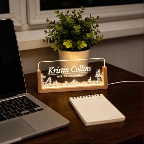 Personalized Light Up Acrylic Desk Name Plate - Custom Name Plate for Desk with Walnut Wood Base - Appreciation Office Gifts for Employees, Teacher, Social Worker (Butterfly) - Image 6