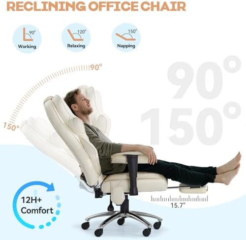 Vibration Massage Heated Office Desk Chair with Foot Rest, Beige - Image 4