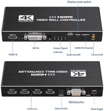 2x2 4k Video Wall Controller, Transform 4 TV Screens into a Single Wall Display with HDMI & DVI 4K Input, 180° Rotation, Audio Output, IR Remote/RS232/Button Press Control - Image 2