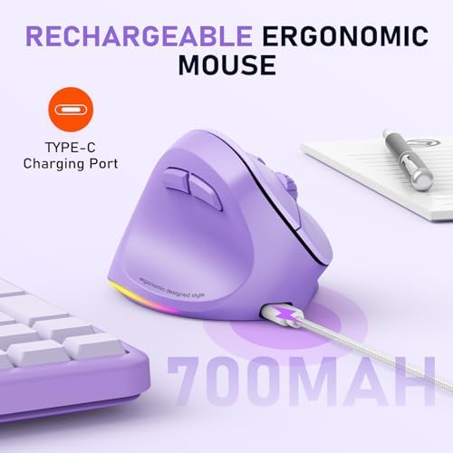 MEETION Left-Handed Wireless Ergonomic Vertical Mouse, Rechargeable -Purple - Image 6