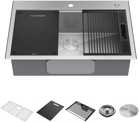 DELTA FAUCET DELTA Rivet 33-Inch Workstation Kitchen Sink Drop-In Top Mount 16 Gauge Stainless Steel Single Bowl with WorkFlow Ledge and Chef’s Kit of 5 Accessories, 95A931-33S-SS by Unknown