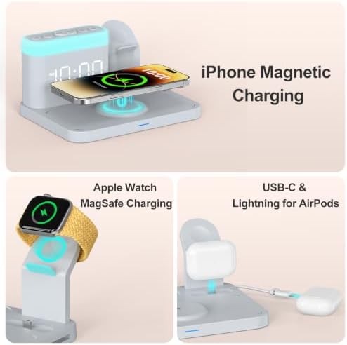 ANJANK Wireless Charging Station with Alarm Clock & Night Light,Magnetic 5 in 1 Charger Stand for Multiple-Device,Charging Dock for iPhone 17 16 15 14 13 12 Pro Max Plus,Apple Watch,Airpods,Nightstand - Image 4