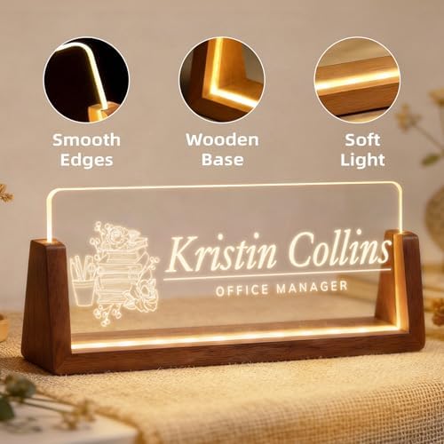 Personalized Light Up Acrylic Desk Name Plate - Custom Name Plate for Desk with Walnut Wood Base - Appreciation Office Gifts for Employees, Teacher, Social Worker (Textbook) - Image 7