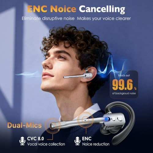 Bluetooth Headset, Wireless Headset with Dual-Mics & Noise Cancelling, Bluetooth Earpiece with Mute for Office Business Work Trucker, V5.3 Hands-Free Headset with QCC Chip for Phone PC iOS Android - Image 6