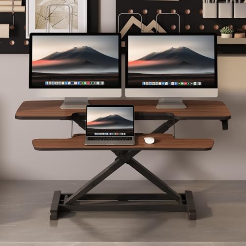 FLEXISPOT Standing Desk Converter 42" Premium Large Desk Riser for Triple Monitor, Spacious Desktop Sit Stand Workstation with Ergonomic Height Adjustment, Modern Stand Up Desk Riser, Walnut - Image 2