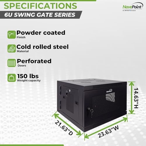 NavePoint 6U Server Cabinet with Hinged Back - 17.7” Deep, Server Rack Enclosure with Locking Perforated Door, Wall Mount Rack with Removable Side Panels, Network Cabinet, Pre-Assembled - Image 4