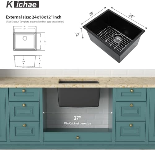 Kichae 12 Deep Undermount Laundry Sink Black 24x18 Granite Composite Quartz - Image 2