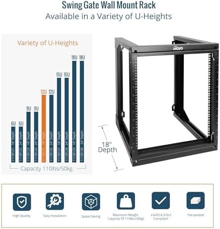 Tecmojo 12U Wall Mount Server Rack, Open Frame Network Rack for 19" Computer/AV/Data/IT/Media Equipment, 18" Depth, 16" Apart Mounting Holes, Swing Gate, Square and Tapped Holes - Image 5