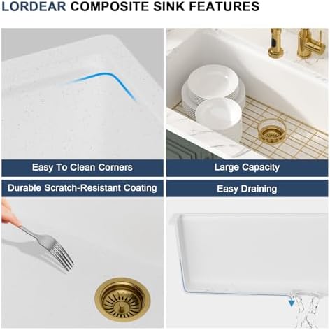 Lordear 33 Inch White Kitchen Sink Granite Composite Undermount Kitchen Sink Workstation 33x19 White Quartz Sinks Under Counter Single Bowl with Classic Gold Accessories - Image 6