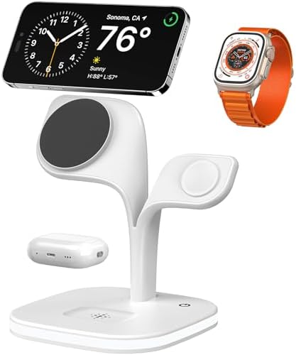 EXW for Magsafe Charger Stand,Charging Station for Multiple Devices,Wireless Charger for iPhone 17 Air 16 15 14 13 12 Series,Apple Watch Series 1-10/Ultra,AirPods Pro with LED and Adapter (White) by EXW