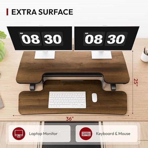 SANODESK 36" Standing Desk Converter, Smooth Mechanical Spring Effortless Lift Sit-Stand Riser for Dual Monitors, Heavy Duty Workstation with Keyboard Tray, Walnut - Image 6