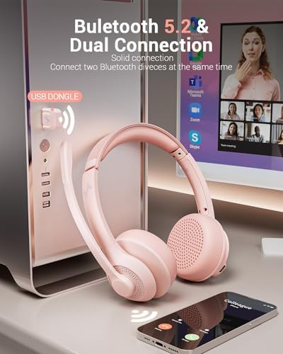 JIAMQISHI Pink Wireless Bluetooth Headset 5.2, AI Noise Cancelling Mic Headphones with USB Dongle Mute for Laptop & Cell Phones - Image 2