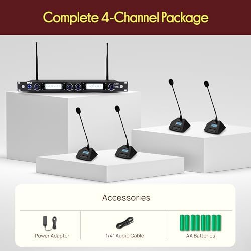 Pyle 4 Channel UHF Wireless Conference Microphone System with 4 Gooseneck Mics, 300 Ft Range, Selectable Frequencies & Rack Mount Receiver for Meetings, Presentations & Events - Image 7