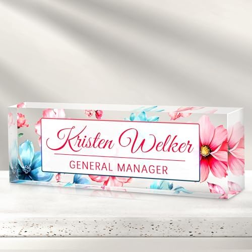 Custom Office Name Plate for Desk - Desk Name Plate Personalized Gifts for Coworkers, Boss, Employees, Teacher, Nurse - Office Desk Decor for Women Men - Employee Appreciation Gifts (Blue Pink Flower) by Cryphart-CustomGiftExpert