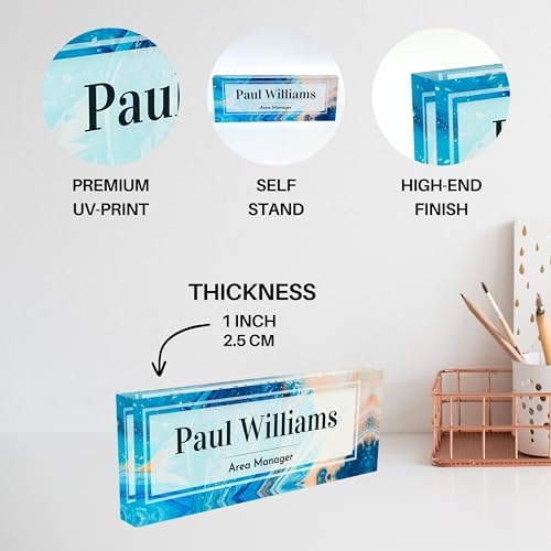 Customized Clear Acrylic Thick 8x3" Acrylic Black - Desk Name Plate Block with Personalized Logo - Professional Office Decor - Customized Acrylic Plate Gift for Teacher Co-workers (Blue-Beige Paint) - Image 4