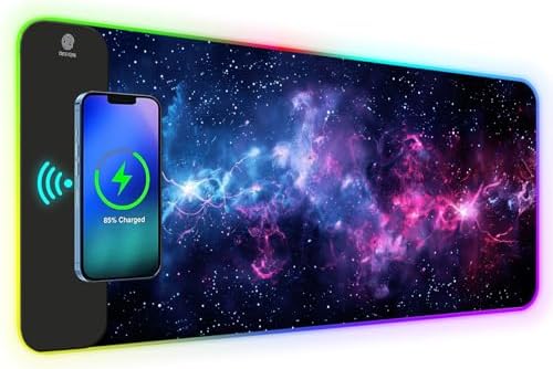 AIMSA RGB Gaming Mouse Pad with Wireless Charging, Large Keyboard Mouse Pad with 14 LED Light Modes, Non-Slip Rubber Base Waterproof Desk Pad for Home Office Decor, Blue Purple Cosmic Nebula by AIMSA