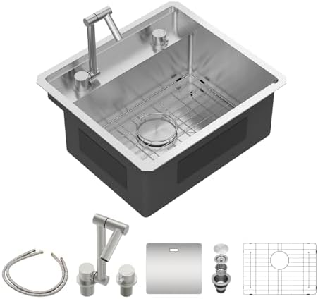 Sarlai Outdoor Sink, 21x19 Inch Undermount Kitchen Sink Workstation with Foldable Faucet Bar Prep Single Bowl 16 Gauge Stainless Steel Sinks with Cover,BBQ Sinks Outside with Cover by Sarlai