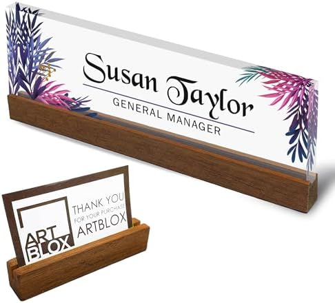 Artblox Personalized Office Desk Name Plate and Business Card Holder | Clear Acrylic Glass with Teak Wood Stand | Leaf Design Customized with Your Name and Credentials Office Desk Decor by Artblox
