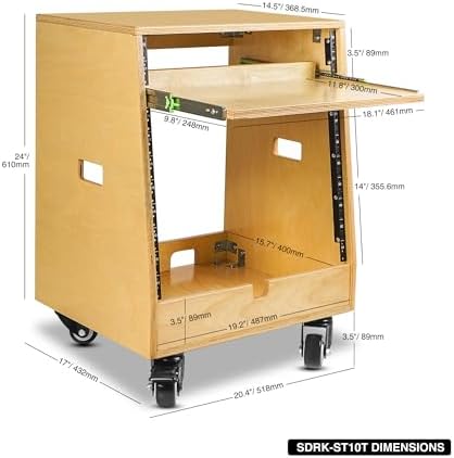 Sound Town DIY Slanted 10U Studio Rack (2U Top + 8U Lower), with 2U Bottom Storage, Slide-Out Tray, Caster, Plywood, Golden Oak For Recording Room, Home Studio (SDRK-ST10T) - Image 5