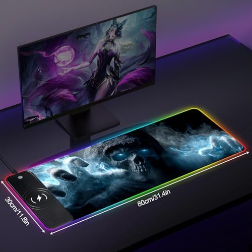 Wireless Charging RGB Gaming Mouse Pad, 31.5 x 11.8 Inch Extended Mouse Mat with Dark Skull Design, LED Desk Pad with 7 Lighting Modes, Non-Slip Base for Gaming & Office - Image 2