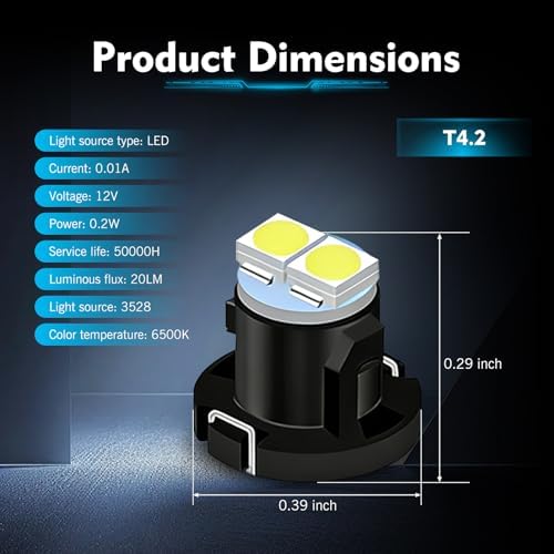 10PCS AC Climate Heater Control LED Lights, 12V 6500K 3528 2SMD Dashboard Bulbs Kit, Plug & Play T4.2 Indicator Light Replacement Bulbs, Universal for Most Cars (White) - Image 2