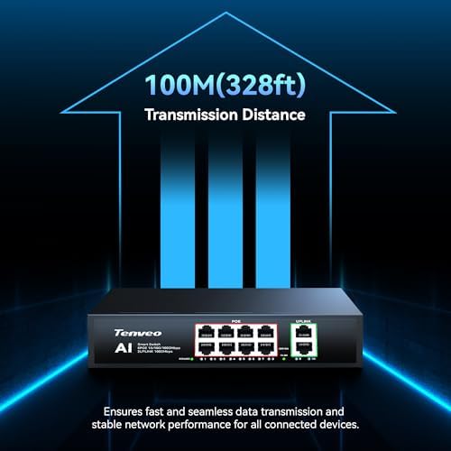 Tenveo 8 Port Full Gigabit PoE Switch, 8 PoE+ Ports @120W, 2*Uplink Port, Plug & Play, Support VLAN, Metal Case, High Stability, Easy Smart Managed Ethernet Switch, Ideal for Various Live Streaming - Image 5