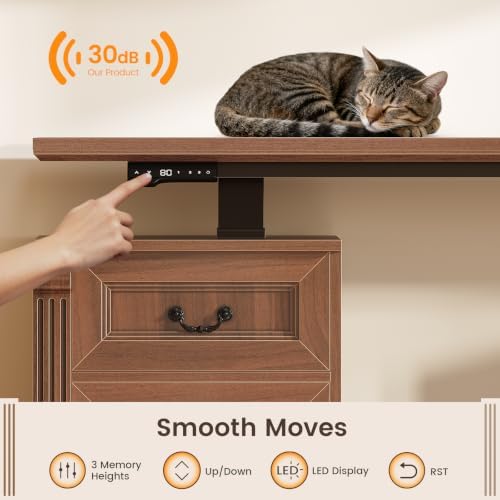 SEDETA Farmhouse L Shaped Electric Standing Desk with Hutch, 4 Drawers and Storage Cabinet, 106" Height Adjustable Office Executive Desk with Power Outlet, Led Lights for Two Person, Brown - Image 7