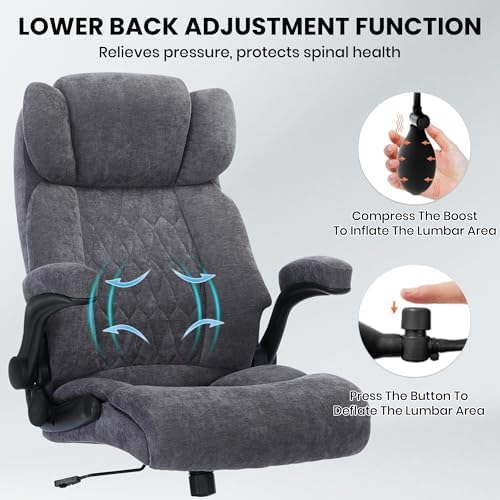 500lbs Big and Tall Office Chair Adjustable Lumbar Support for Back Pain, Extra Wide Seat Executive Office Chair Thick Armrest Pad, Heavy Duty Base&Upgraded Wheels, Ergonomic Desk Chair (Grey) - Image 5