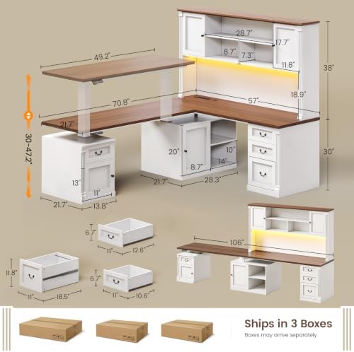 SEDETA Farmhouse L Shaped Electric Standing Desk with Hutch, 4 Drawers and Storage Cabinet, 106" Height Adjustable Office Executive Desk with Power Outlet, Led Lights for Two Person, White Brown - Image 2
