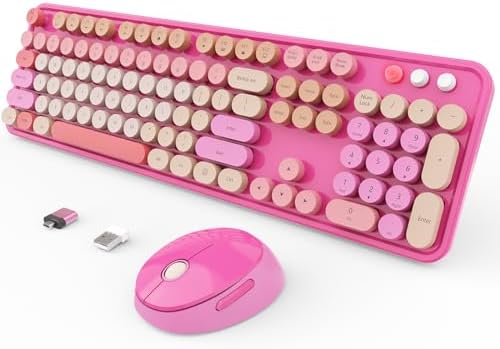 SkyGive Wireless Keyboard and Mouse Combo, Ergonomic Full Size Typewriter Retro Round Keycaps Keyboard, Compatible with Windows, PC, Perfer for Home and Office Keyboards （Red） by SkyGive