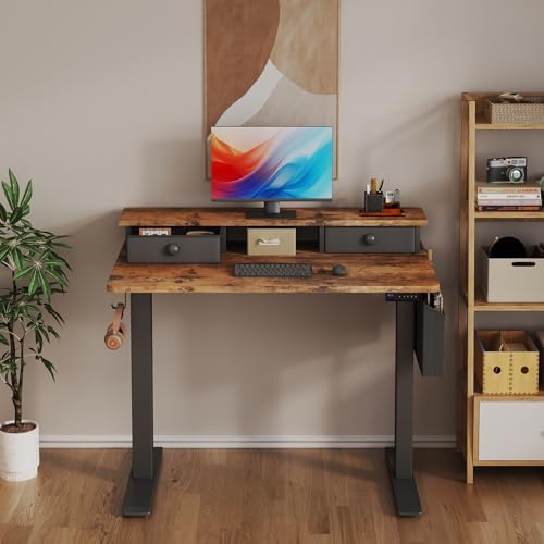 Electric Standing Desk Adjustable Height - 40 Inch Sit Stand Desk with Storage Drawers , Small Standing Desks with Shelf Monitor Stand, Kids Girls Computer Desks for Bedroom Home Office, Rustic Brown - Image 2