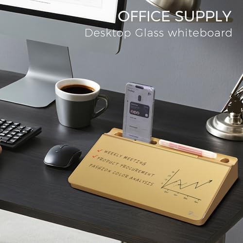 TOWON Compact Glass Desktop Whiteboard with Storage 12x7 in, Metallic Gold - Image 2