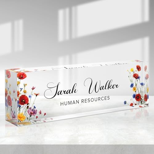 Custom Name Plate for Desk - Desk Name Plate Personalized - Acrylic Office Desk Accessories - Appreciation Gifts for Coworkers Employee Teacher Staff Boss - Office Decor for Women Men (Red Flowers A) by Purdicra