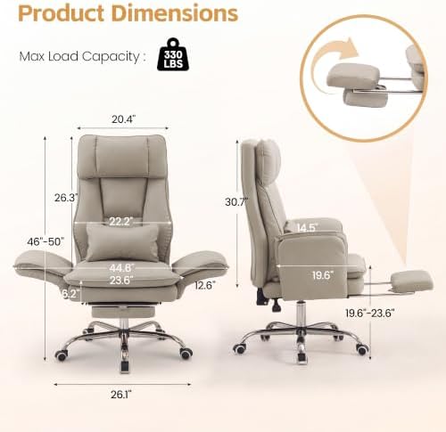 HUBSON Big and Tall Office Chair, Flip Armrest & Footrest for Pets, Khaki - Image 2