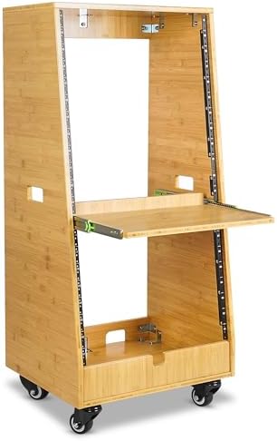 Sound Town DIY Solid Carbonized Bamboo Slanted 20U Studio Rack (12U Top + 8U Lower), with 2U Bottom Storage, Slide-Out Tray, Caster, For Recording Room, Home Studio (STBR-ST20T) by SOUNDTOWN