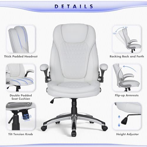 COLAMY Office Chair Ergonomic Desk Chair Set of 2-Executive Office Chair with Upgraded Caters, High Back Computer Chair Flip-up Arms, Swivel Leather Chair for Work/Study, 300lbs, White - Image 6